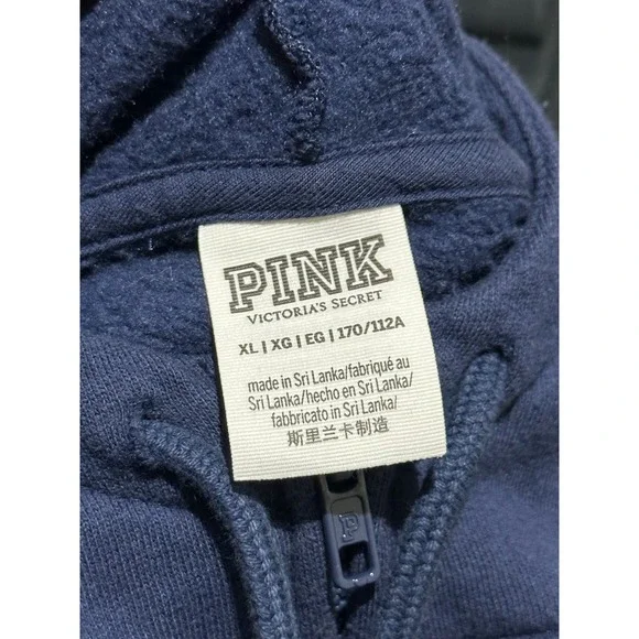 Pink Victoria's Secret Navy Blue Zip Up Hoodie Laurel Wreath Logo XL - Has Flaw - Picture 3 of 7